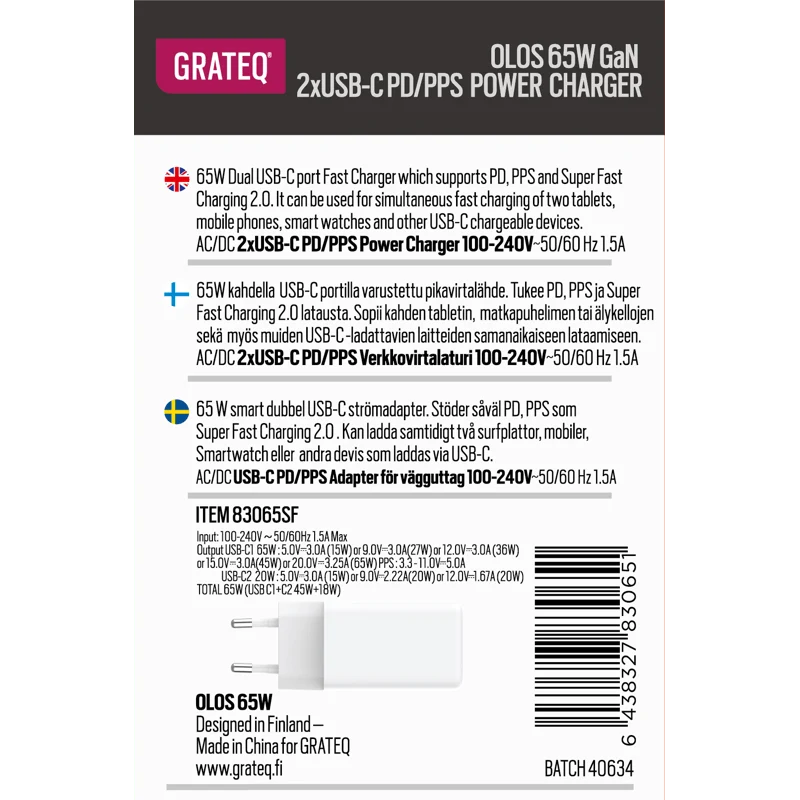 GRATEQ OLOS WALL CHARGER GAN 65W WHITE