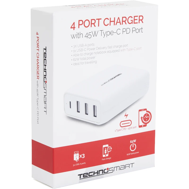 TechnoSmart 4-Port Fast Charger PD QC3.0