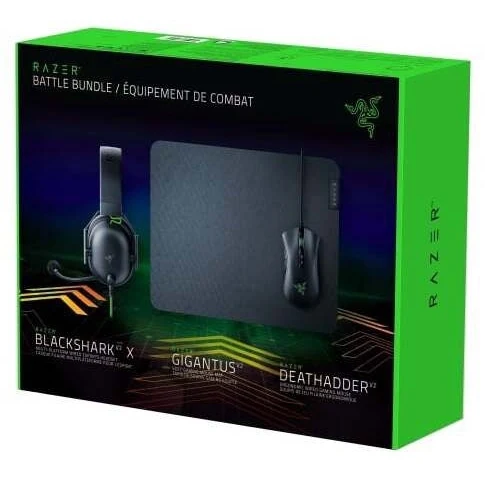 Razer DeathAdder Battle Bundle Gaming Set (DEATHADDER V2 BLACK + GIGANTUS V2 M + BLACKSHARK V2 X), Black/Green
