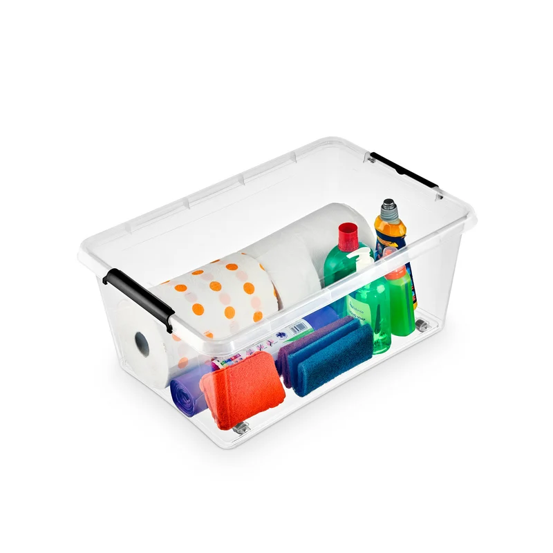 Moxom SimpleStore-behållare, volym 40 liter, genomskinlig, lock med klämfäste, försedd med hjul, BPA-fri, 04-0076