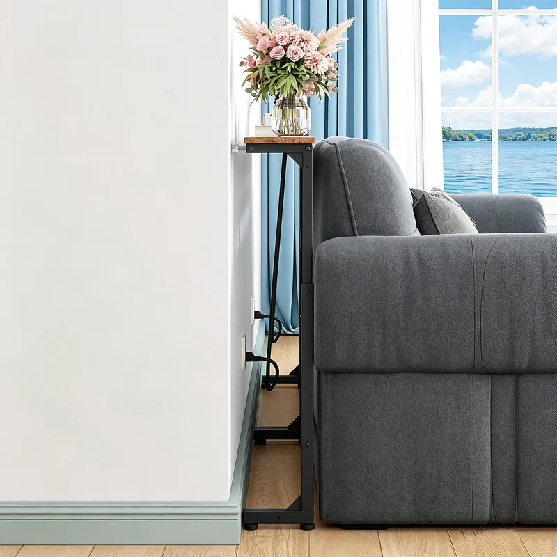 Konsol/bord med laddningslist från Maclean, svart med rustik bordsskiva, höjdjusterbar 62–83 cm, max 25 kg, kabel 2,5 m, MC-140 B