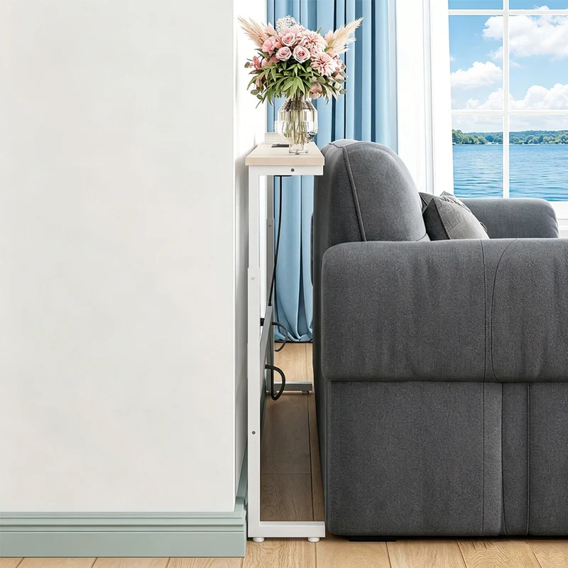 Maclean-konsol/bord med laddningslist, vit med ljust bordsskiva, höjdjusterbar 62–83 cm, max 25 kg, sladd 2,5 m, MC-140 W