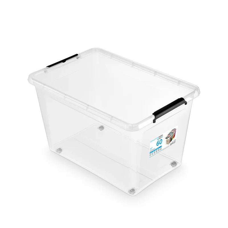 Moxom SimpleStore-behållare, volym 60 liter, genomskinlig, lock med klämmor, försedd med hjul, BPA-fri, 04-0081
