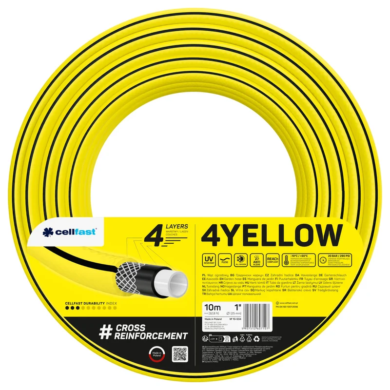 Cellfast trädgårdsslang, 4-lagers, UV-beständig, diameter 1 tum, längd 10 m, 4YELLOW