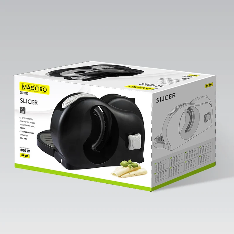 Maestro-skärmaskin, effekt 400 W, skärbredd 0–15 mm, blad i rostfritt stål, tre skärhastigheter, med nedtryckare och bricka, MR-591