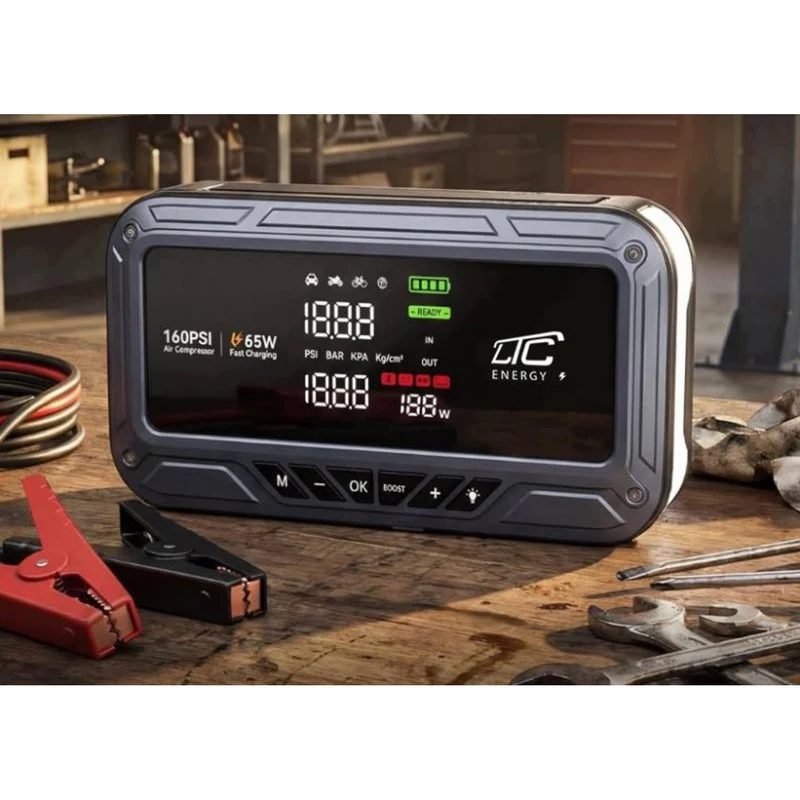 Jump Starter LTC, 12 000 mAh, med kompressor, ficklampa och powerbank, LCD-skärm, effekt 65 W, kablar och fodral ingår, LXJS120
