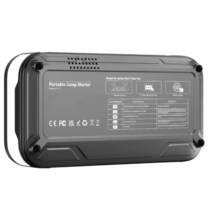 Jump Starter LTC, 12 000 mAh, med kompressor, ficklampa och powerbank, LCD-skärm, effekt 65 W, kablar och fodral ingår, LXJS120
