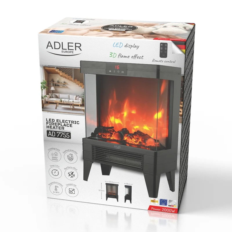 LED elektrisk öppen spis med fjärrkontroll, 2 värmeeffekter 1000W/2000W, termostat, Adler AD 7755