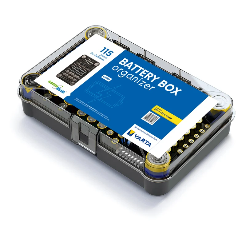 GreenBlue batterihållare, genomskinligt lock, 115 fack, Varta Box GB189