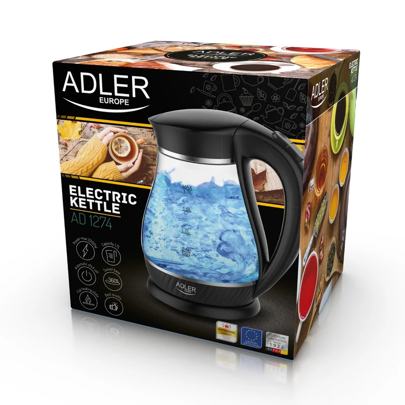 Glaskanna Adler AD 1274 svart kapacitet 1,7L, effekt 2200W