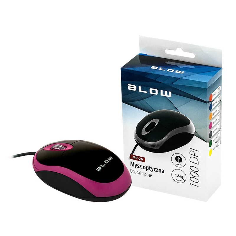 Optisk mus Blow, USB, 1000 DPI, universal, rosa, MP-20