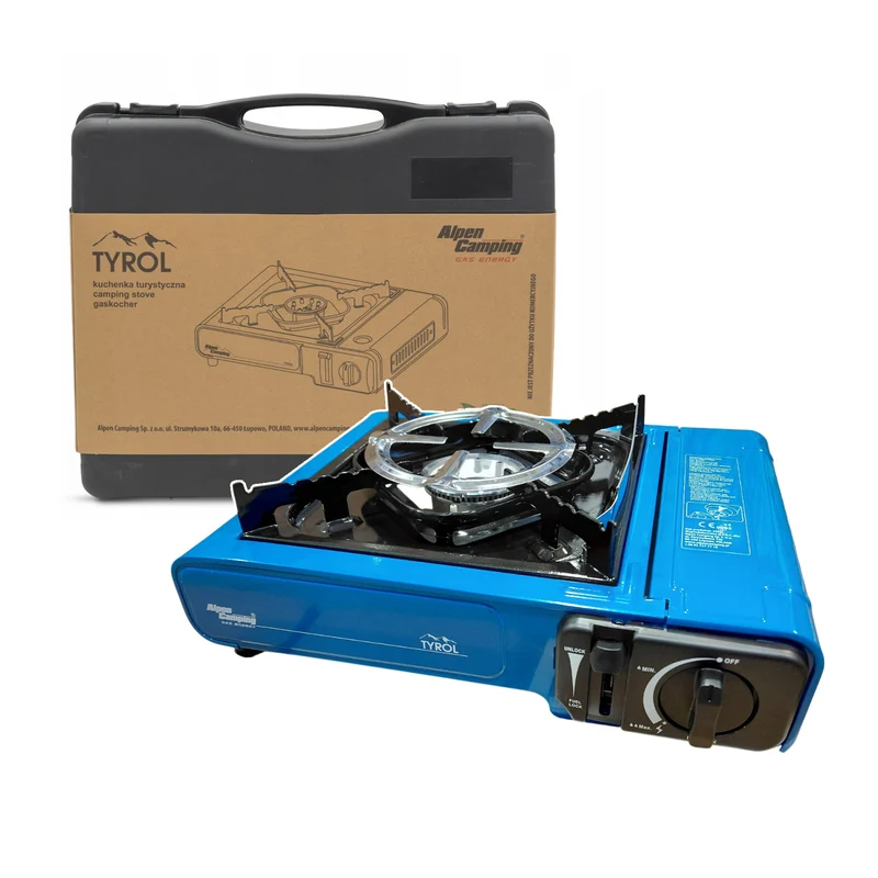 Alpen Camping campingkök, effekt: 2,0 kW, gasförbrukning 146 g/h, piezoelektrisk tändning, TYROL+ 4 st gaspatroner à 227 g GreenBlue. Certifikat: Pi 0875, uppfyller standarden EN417