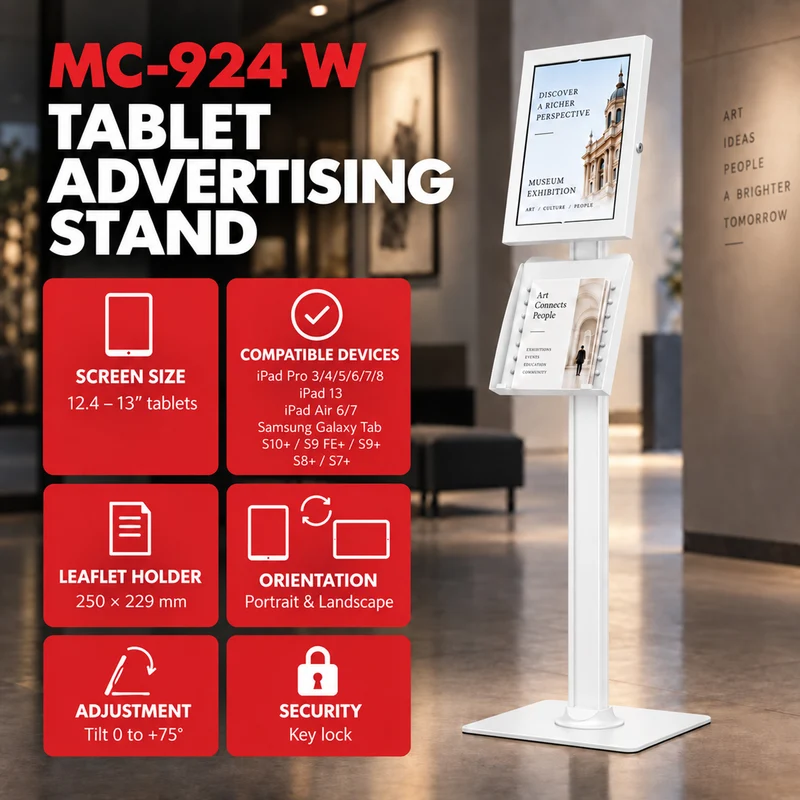 Maclean-hållare för surfplatta, med lås, 12,4–13 tum, iPad Air/Pro, Samsung Tab S10+/S9+/S8+/S7+, 257 × 350 × 22 mm, MC-924 W