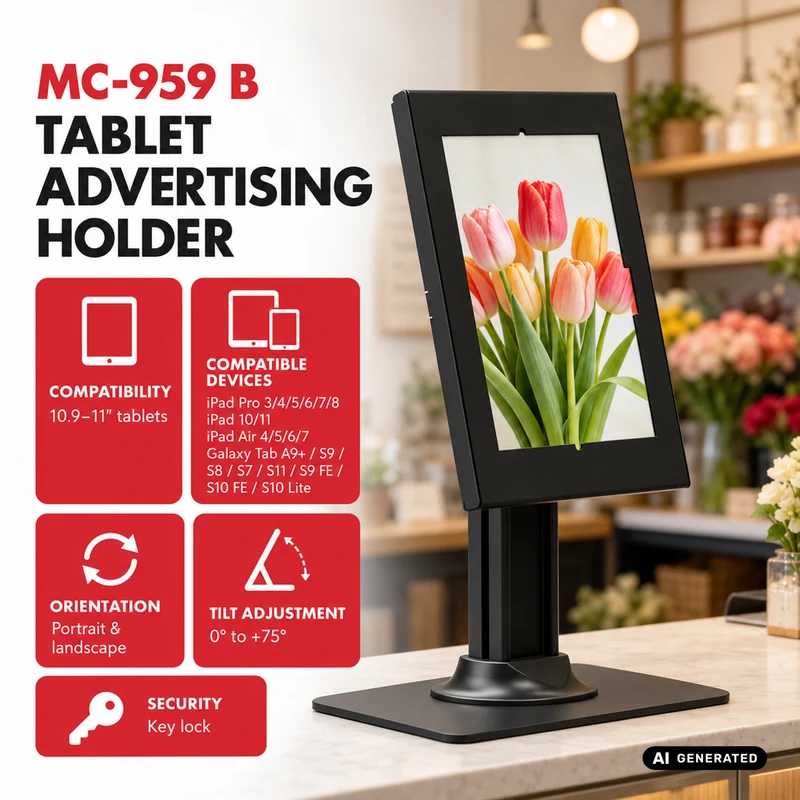 Maclean-reklamfäste för surfplatta, med lås, 10,9–11 tum, iPad Air/Pro, Samsung Tab A- och S-serien, 220 × 323 × 22 mm, MC-959 B