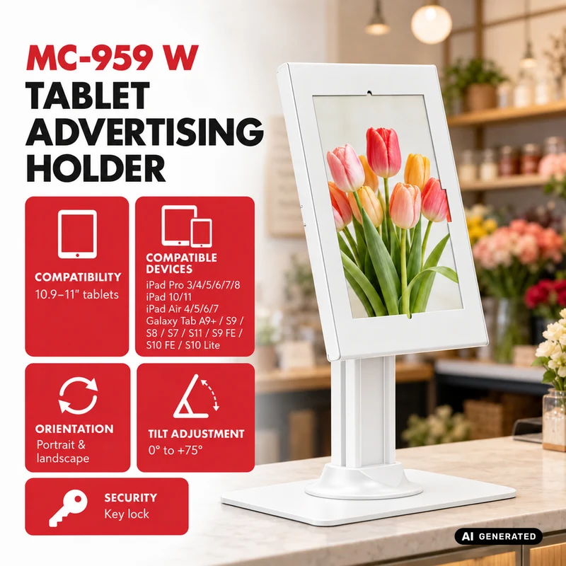 Maclean-reklamhållare för surfplatta, med lås, 10,9–11 tum, iPad Air/Pro, Samsung Tab A- och S-serien, 220×323×22 mm, MC-959 W