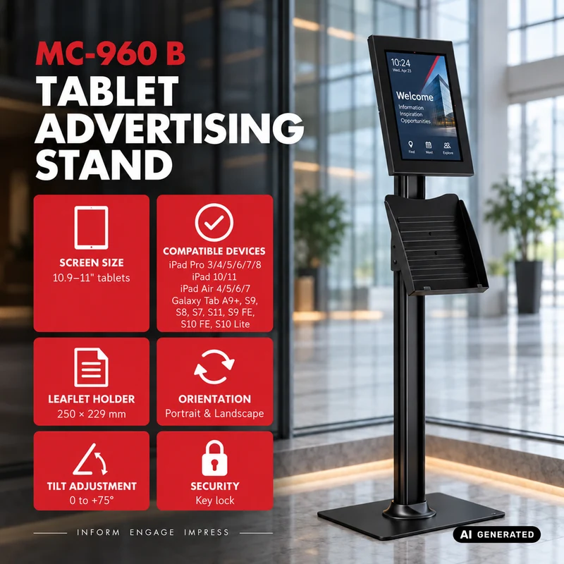 Maclean-reklamhållare för surfplatta, med lås, 10,9–11 tum, iPad Air/Pro, Samsung Tab A- och S-serien, 220 × 323 × 22 mm, MC-960 B
