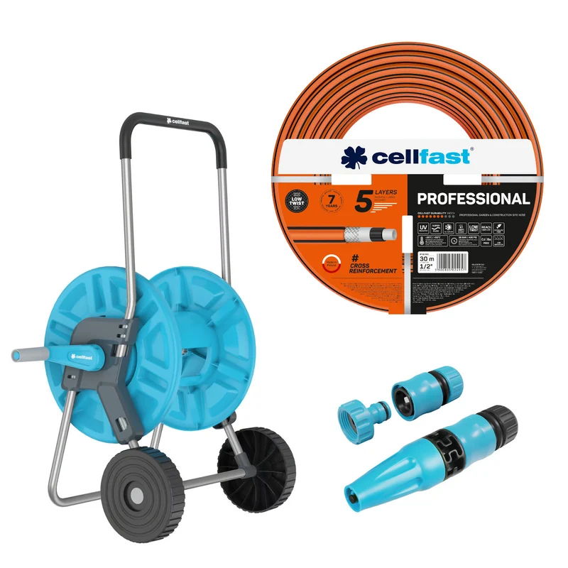 Cellfast Aluplus slangvagn 1/2" 60 m + Cellfast trädgårdsslang, PROFESSIONAL 1/2" 30 m + Set med Cellfast Basic rak sprinkler 1/2"