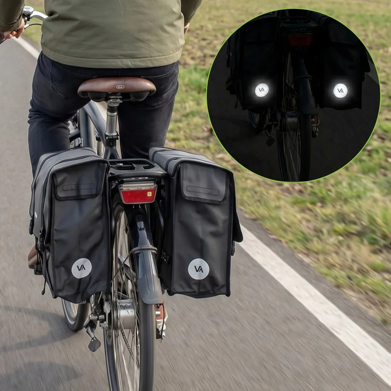 Dubbel cykelväska i PVC för pakethållare med handtag, svart, 40 liter, VA0446, Vayox