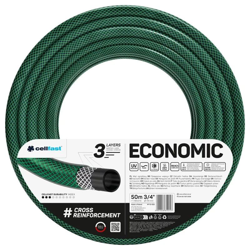 Cellfast Economic trädgårdsslang 3/4" 50 m + snabbkoppling i mässing och genomgångskoppling 3/4" + anslutning med invändig gänga 3/4" + roterande sprinkler + pistolsprinkler