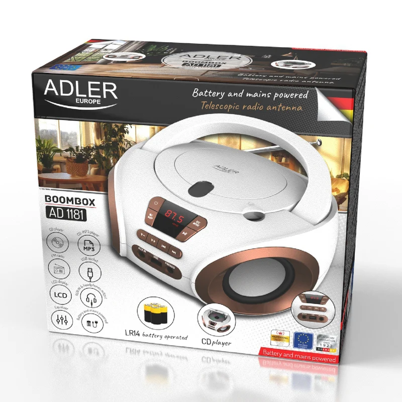 Boombox-radio med CD-MP3, USB, FM-radio, AUX, hörlursuttag, Adler, AD 1181