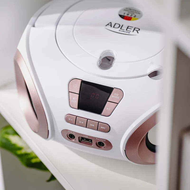 Boombox-radio med CD-MP3, USB, FM-radio, AUX, hörlursuttag, Adler, AD 1181