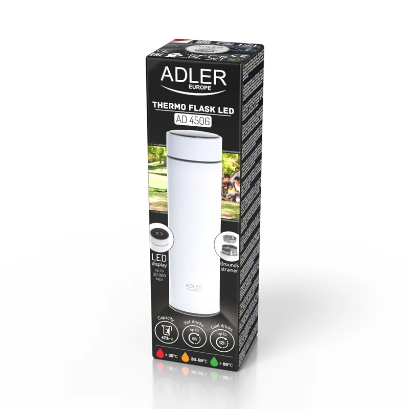 Adler termos, LED-pekskärm, volym 473 ml, färg vit, AD 4506