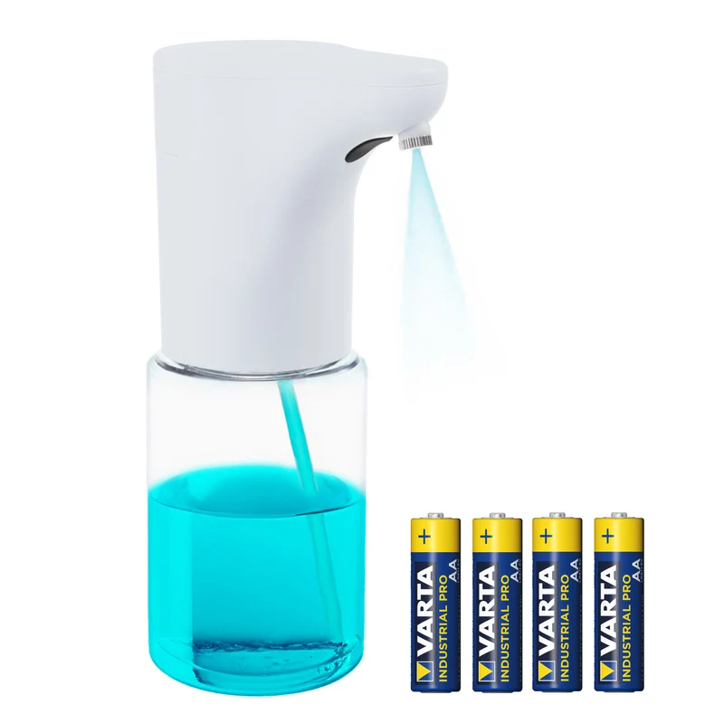 Promedix automatisk dispenser, dispenseringsbehållare för flytande tvål, desinfektionsvätskor, 300 ml, vit, PR-540 W + 4 Varta Industrial AA-batterier