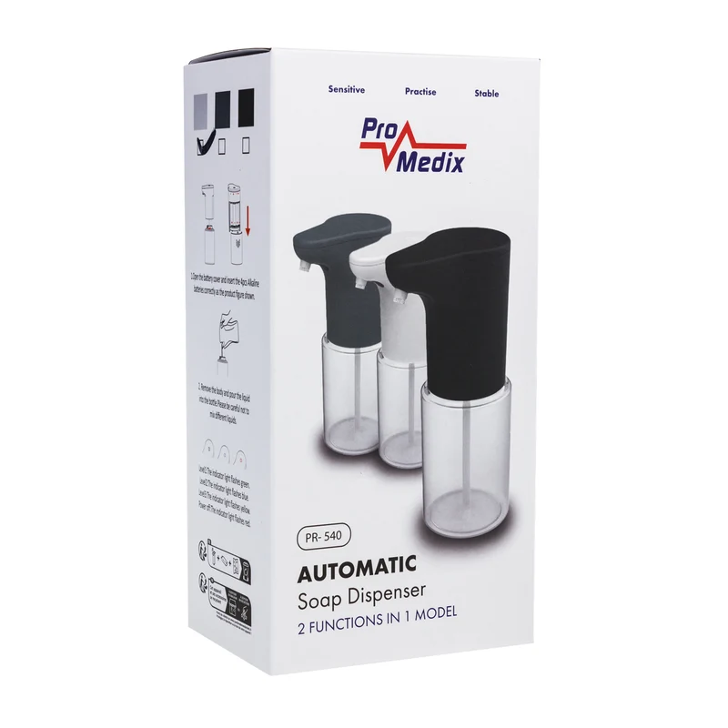 Promedix automatisk dispenser, dispenseringsbehållare för flytande tvål, desinfektionsvätskor, 300 ml, vit, PR-540 W + 4 Varta Industrial AA-batterier
