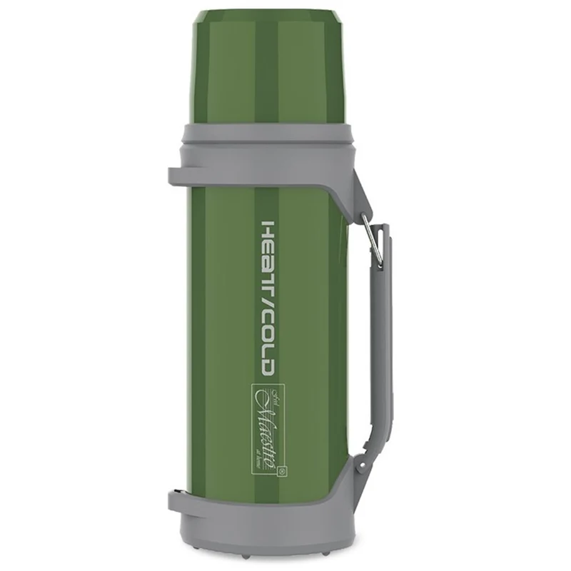 Maestro MR-1631 Termosflaska 1L Vakuumkolv Med Drickskopp 350ml Vakuumisolerad Tryckknapp 110cm Bärrem Vakuumkolv Rostfritt Stål 304 + Plast För Varma Eller Kalla Drycker (Grön)