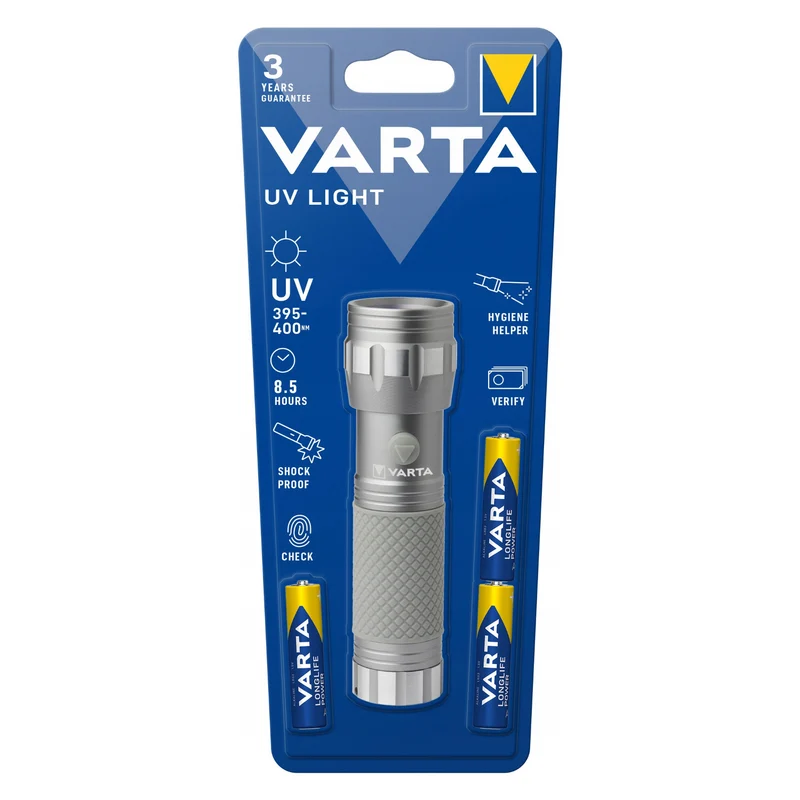 UV-LED-ficklampa 15638 i aluminium, UV-våglängd 395–400 nm, Multi LED-teknik + Varta-batterier ingår