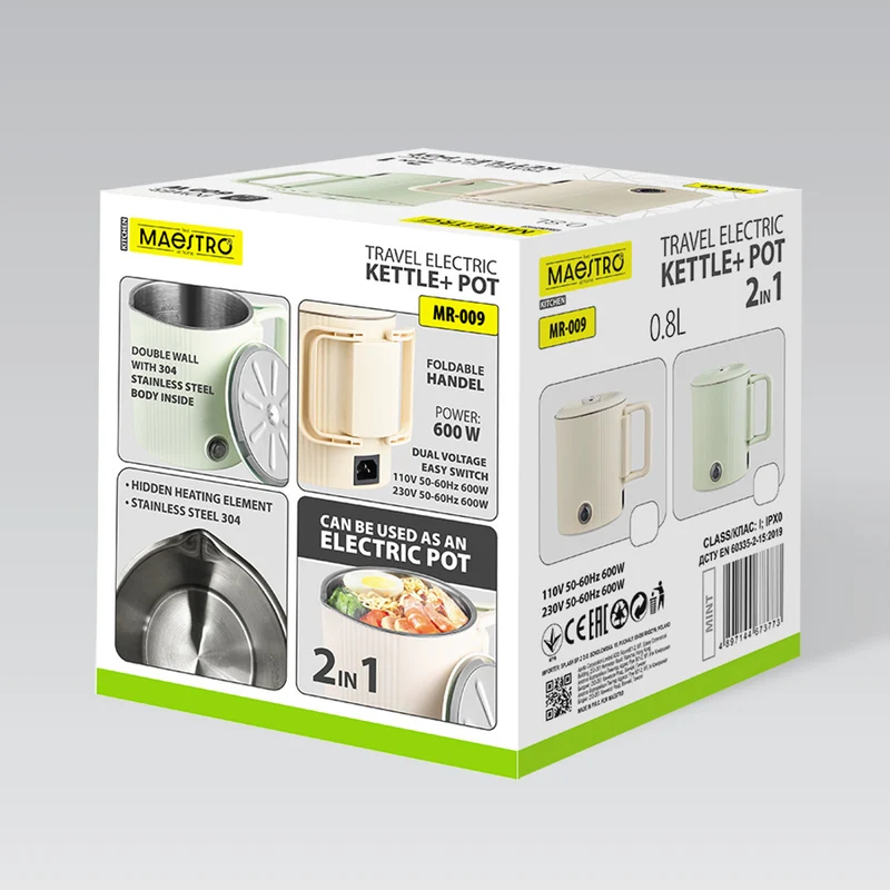Maestro elektrisk vattenkokare/resekanna, 2-i-1, volym 0,8 l, effekt 600 W, fällbart handtag, spänningsomkopplare 110 V/230 V, färg: beige, MR-009-BEIGE