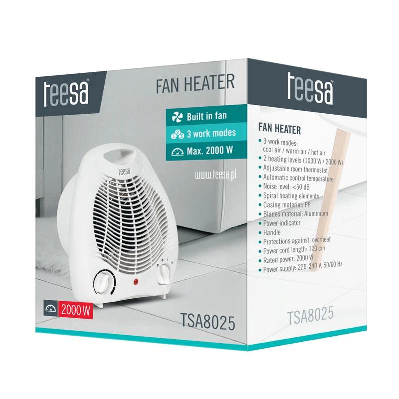 Termoelektrisk fläkt 2000W Teesa TSA8025 3 driftlägen, justerbar termostat