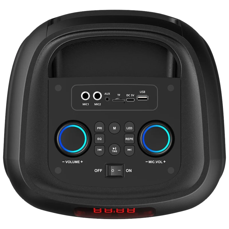 Stor Bluetooth-högtalare, 120 W RMS/1400 W PMPO, två 8-tums högtalare, equalizer, karaokefunktion, MP3/microSD-kort, USB, AUX, BT 5.3+EDR, display, LED, inbyggt batteri, fjärrkontroll, MT3185