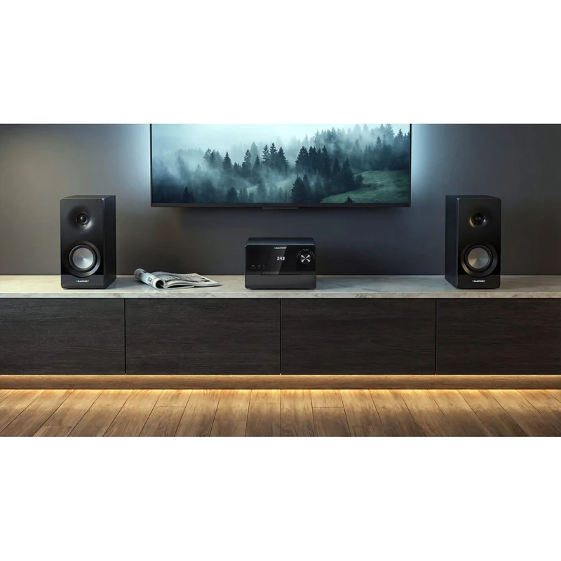 Blaupunkt mikrotorn, effekt 100 W RMS, DAB+-tuner, LED-display, FM-radio, teleskopantenn ingår, HDMI ARC-anslutning, CD/MP3/USB/BT, klocka med alarmfunktion, MS49DAB