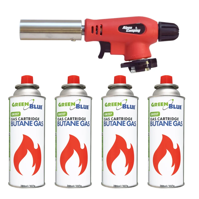 Alpen Camping gasbrännare för gaspatroner, 360° vridbar, flamtemperatur 1300 °C, piezoantändning, OLIMP + 4 st. gaspatroner à 227 g GreenBlue. Certifikat: Pi 0875, uppfyller standarden EN417