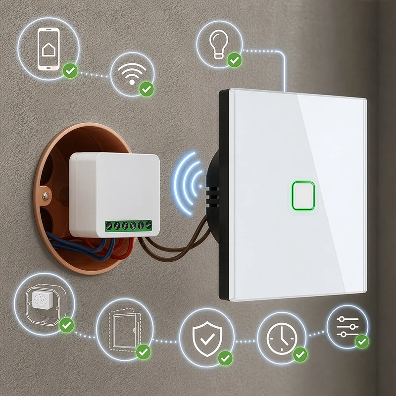 GreenBlue WiFi-relä för infälld montering, Android/iOS/Alexa/Google Home, 100–240 V växelström, 50/60 Hz, max. 16 A, för LED 150 W, GB739, 2 st.