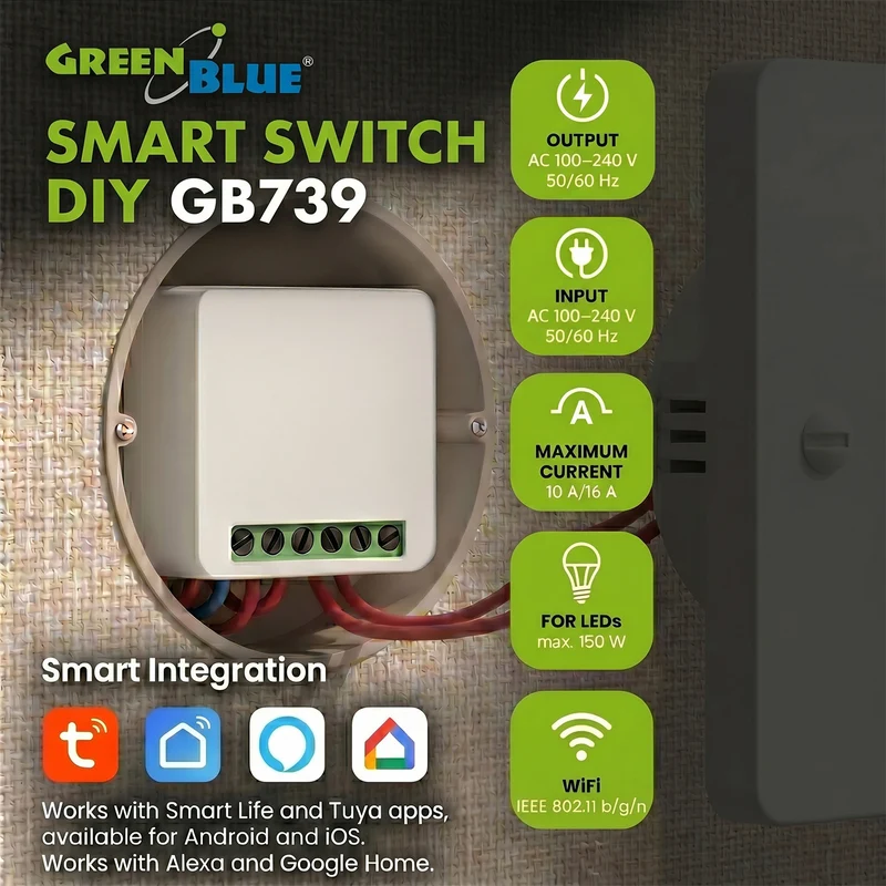 GreenBlue WiFi-relä för infälld montering, Android/iOS/Alexa/Google Home, 100–240 V växelström, 50/60 Hz, max. 16 A, för LED 150 W, GB739, 4 stycken