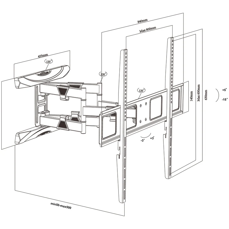 Maclean TV-fäste, max VESA 800x600, 43-100", 80kg, horisontell och vertikal vinkeljustering, profil 50-500mm, svart, MC-423