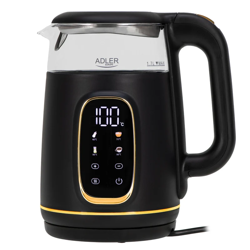 Adler vattenkokare i glas 1,7L, Svart och guld, Temperaturkontroll, LED-display, AD 1305 bg