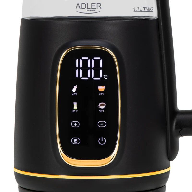 Adler vattenkokare i glas 1,7L, Svart och guld, Temperaturkontroll, LED-display, AD 1305 bg