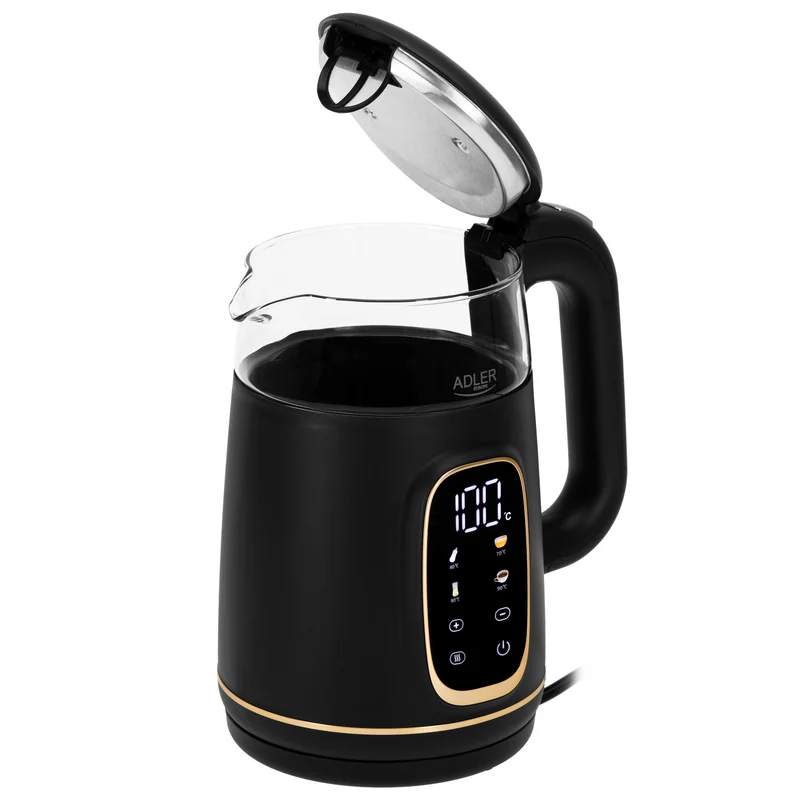 Adler vattenkokare i glas 1,7L, Svart och guld, Temperaturkontroll, LED-display, AD 1305 bg