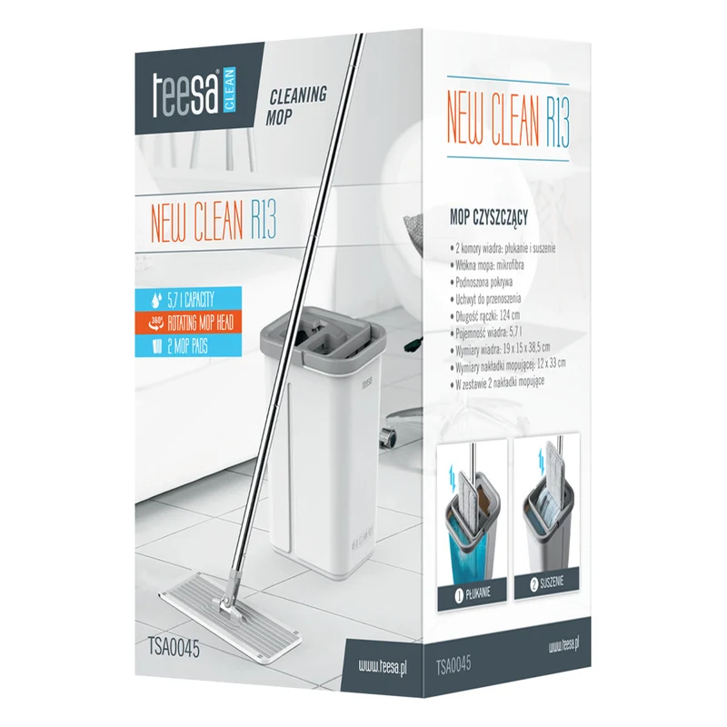 Teesa platt mopp, tvåkammars hink, volym 5,7 l, New Clean R13, Teesa