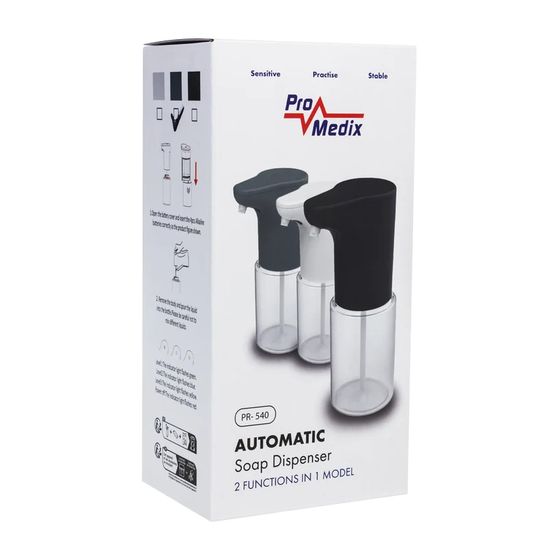 Promedix automatisk dispenser, dispenserbehållare för flytande tvål, desinfektionsvätskor, 300 ml, grå, PR-540 GR + 4 Varta Industrial AA-batterier