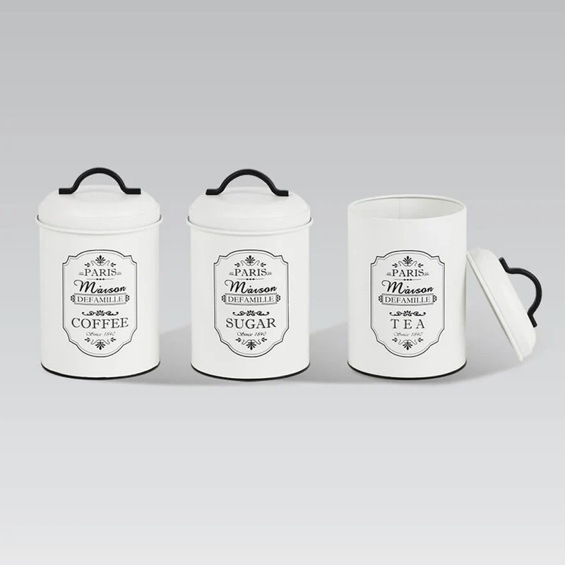 Maestro MR-1771-3CS Paris Set Med 3 Förvaringsburkar Metall Förvaringsburk Socker Kaffe Te Köksbehållare 3x Ø11,3 x 18,5 cm Vit/Svart