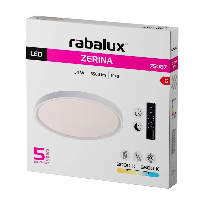 Taklampa Rabalux Zerina, 54 W, IP40, vit, 3000–6500 K, minnesfunktion, med fjärrkontroll, timerfunktion, nattlampeffekt, 75087