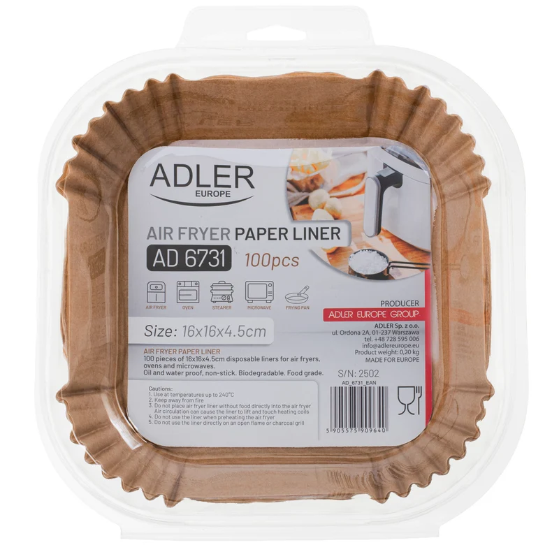 Pappersinsatser till fritösen Adler, 16 cm, upp till 240 °C, biologiskt nedbrytbara, 200 stycken, AD 6731