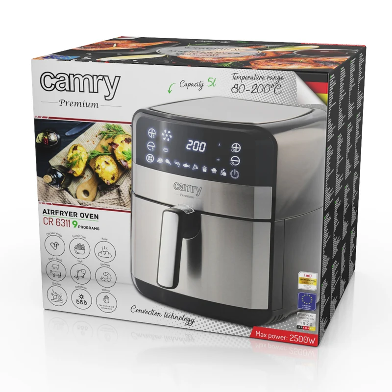 Fettfri fritös, 9 program, 5,0 L, Airfryer, Camry CR 6311 + pappersinsatser till fritösen, 16 cm, biologiskt nedbrytbara, 100 stycken