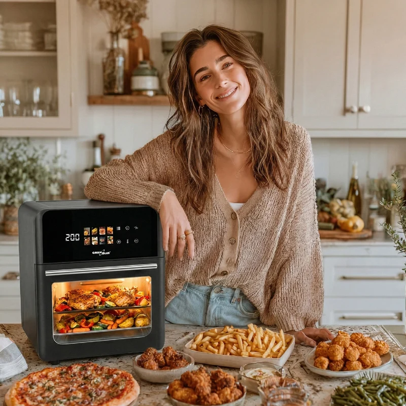 GreenBlue AIR FRYER oljefri fritös, kraftfull 1800 W, volym 10 l, 8 program, tillbehör, timer, GB950 + papperspåsar 16 cm, 100 st