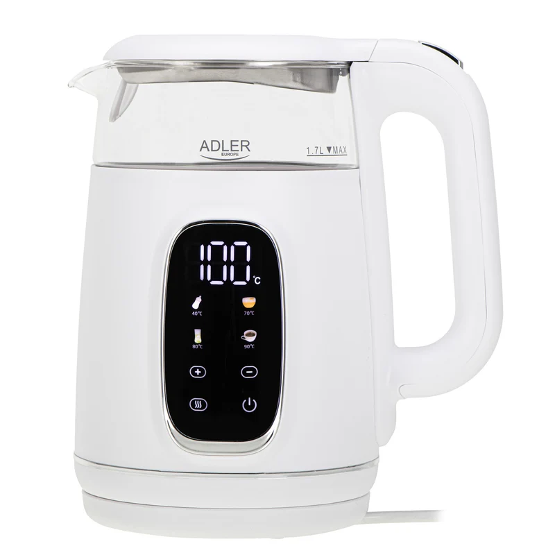 Elektrisk vattenkokare i glas med temperaturreglering 1,7 l, LED, 40–100 °C, Adler AD 1305 WS vit