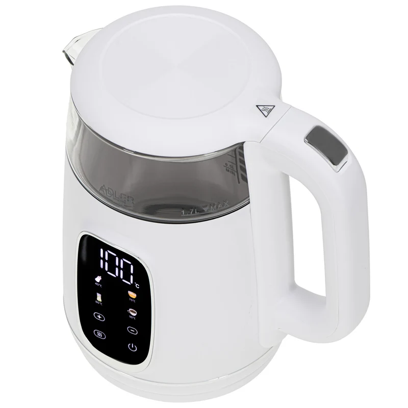 Elektrisk vattenkokare i glas med temperaturreglering 1,7 l, LED, 40–100 °C, Adler AD 1305 WS vit